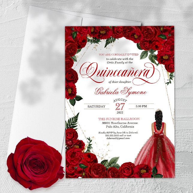 Red Roses & Gold Fancy Red Ball Gown Quinceañera I Invitation (Creator Uploaded)
