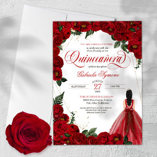 Red Roses & Gold Fancy Red Ball Gown Quinceañera Invitation