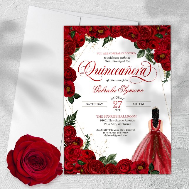 Red Roses & Gold Fancy Red Ball Gown Quinceañera Invitation (Creator Uploaded)