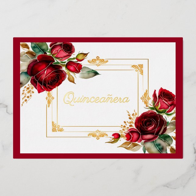 Red Roses Gold Foil Quinceañera  (Front)