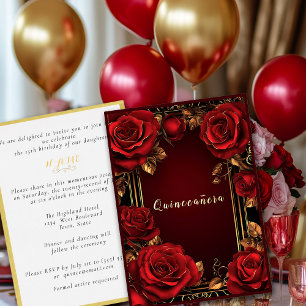 Red Roses Gold Frame Quinceañera  Foil Invitation