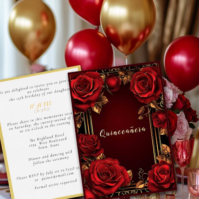 Red Roses Gold Frame Quinceañera  Foil Invitation (Creator Uploaded)