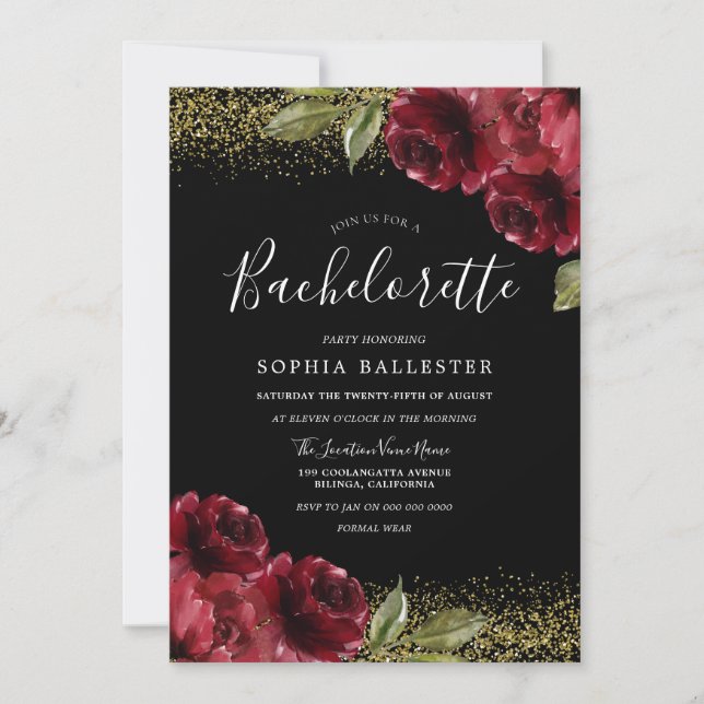 Red Roses Gold Glitter Bachelorette Party Invitation (Front)