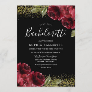 Red Roses Gold Glitter Bachelorette Party Invitation