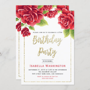 Red Roses & Gold Glitter Birthday Party Invitation