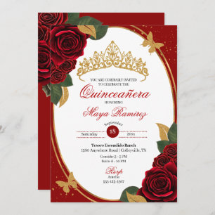 Red Roses Gold Glitter Butterfly Quinceañera Invitation