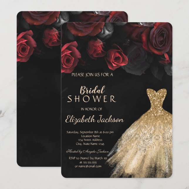 Red Roses Gold Glitter Dress Bridal Shower Invitation (Front/Back)