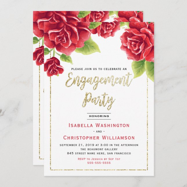 Red Roses & Gold Glitter Engagement Party Invitation (Front/Back)