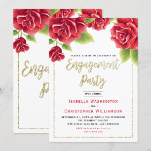 Red Roses & Gold Glitter Engagement Party Invitation