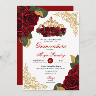 Red Roses Gold Glitter Frames Tiara Quinceañera Invitation