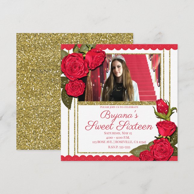 Red Roses Gold Glitter Sweet 16 Birthday Party Invitation (Front/Back)