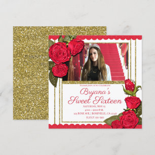 Red Roses Gold Glitter Sweet 16 Birthday Party Invitation