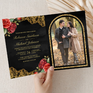 Red Roses Gold Lace Black QR Code Photo Wedding Invitation