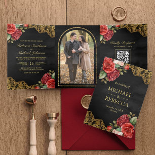 Red Roses Gold Lace Black QR Code Photo Wedding Tri-Fold Invitation