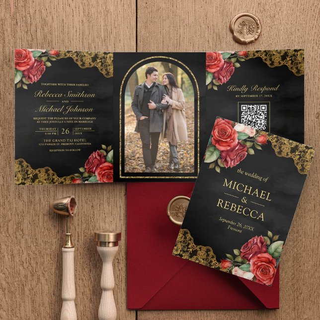 Red Roses Gold Lace Black QR Code Photo Wedding Tri-Fold Invitation (Creator Uploaded)