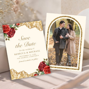 Red Roses Gold Lace Cream Photo Wedding Save The Date