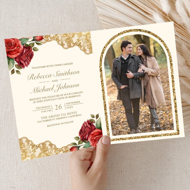 Red Roses Gold Lace Cream QR Code Photo Wedding Invitation (Creator Uploaded)