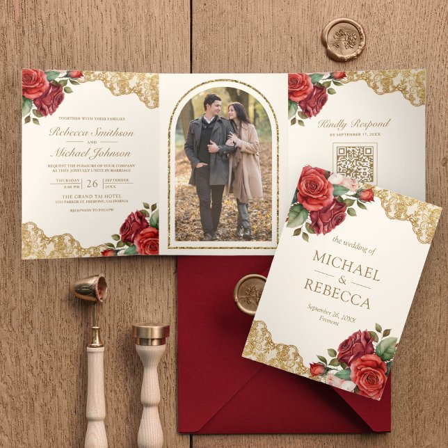 Red Roses Gold Lace Cream QR Code Photo Wedding Tri-Fold Invitation (Creator Uploaded)