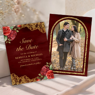 Red Roses Gold Lace Maroon Photo Wedding Save The Date