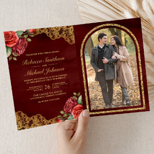 Red Roses Gold Lace Maroon QR Code Photo Wedding Invitation