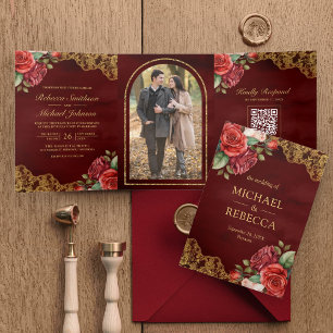 Red Roses Gold Lace Maroon QR Code Photo Wedding Tri-Fold Invitation