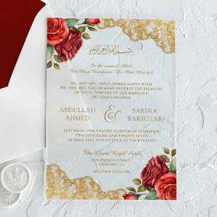 Red Roses Gold Lace Muslim Wedding Acrylic Invitations
