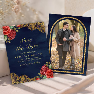 Red Roses Gold Lace Navy Blue Photo Wedding Save The Date