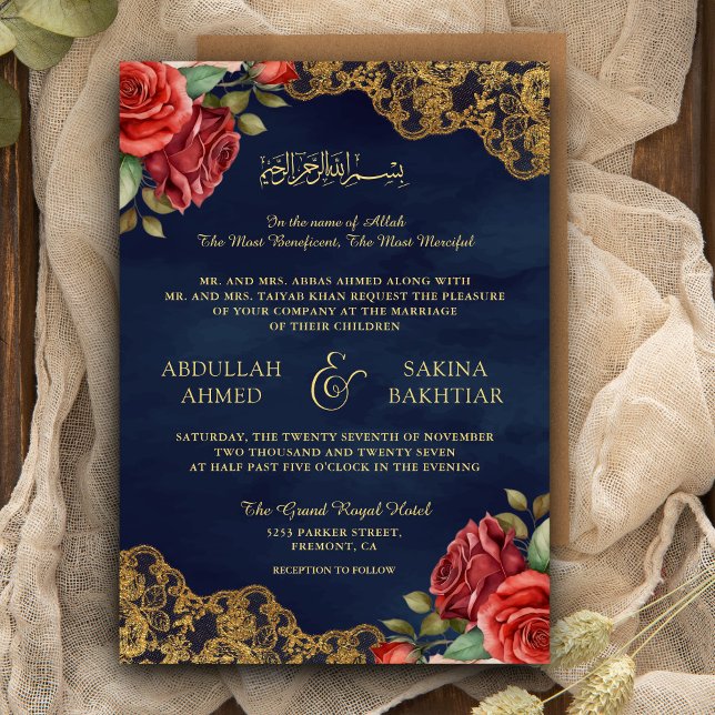 Red Roses Gold Lace QR Code Navy Muslim Wedding Invitation (Creator Uploaded)