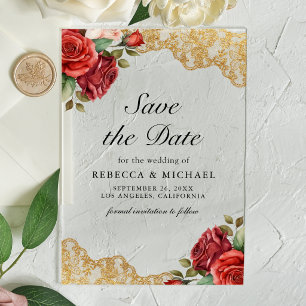 Red Roses Gold Lace Wedding Save the Date Acrylic Invitations