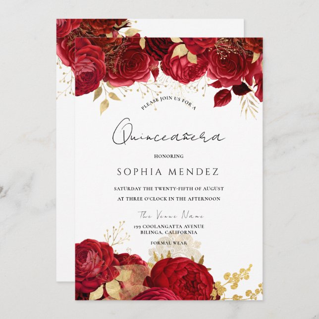 Red Roses Gold leaf Quinceanera Party Invitation (Front/Back)