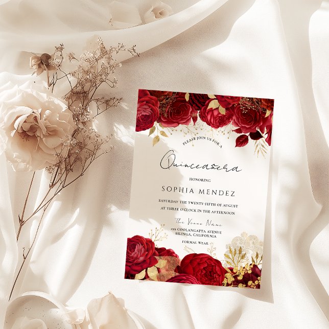  Red Roses Gold leaf Quinceanera Party Invitation (Creator Uploaded)