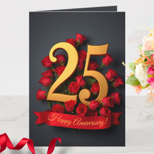 Red Roses Gold Number 25th Wedding Anniversary Card