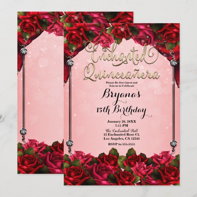 Red Roses Gold & Pink Quinceañera 15th Party Invitation (Front/Back)