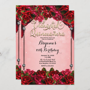 Red Roses Gold & Pink Quinceañera 15th Party Invitation