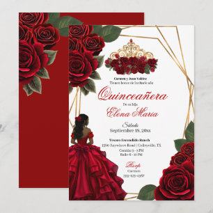 Red Roses Gold Quinceañera Invitation