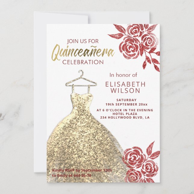 Red roses gold sequins dress Quinceañera Invitation (Front)