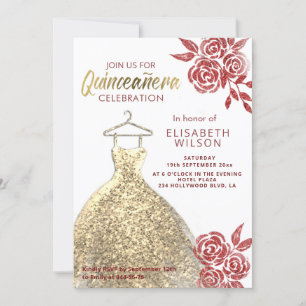 Red roses gold sequins dress Quinceañera Invitation