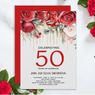 Red Roses Gold String Lights 50th Anniversary Invitation