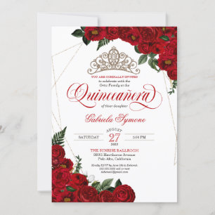 Red Roses & Gold Tiara Elegant Quinceañera Invitation