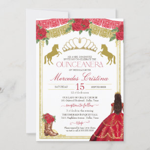Red Roses & Gold Western Charro Dress Quinceañera  Invitation