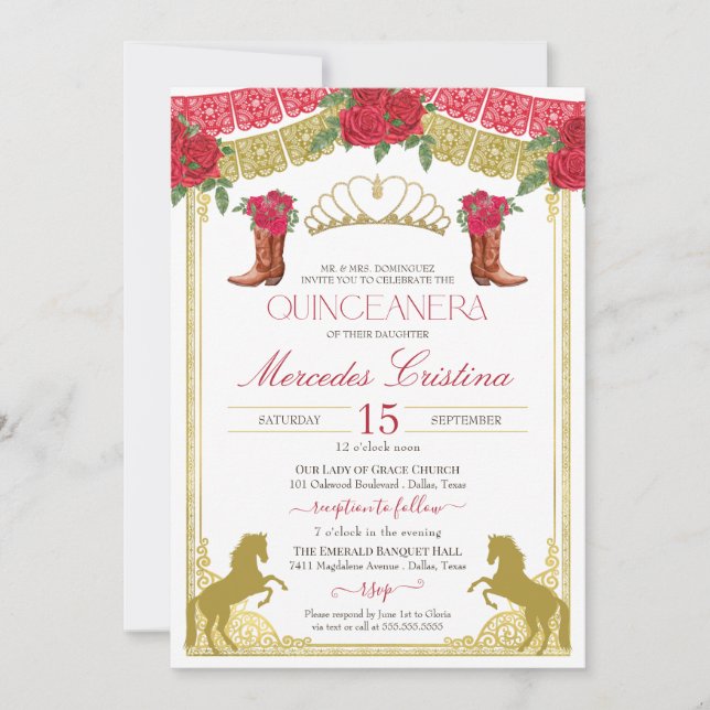 Red Roses Gold Western Charro Quinceañera Invitation (Front)