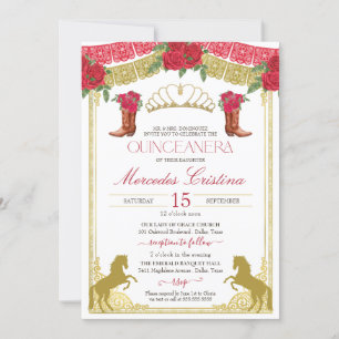 Red Roses Gold Western Charro Quinceañera Invitation