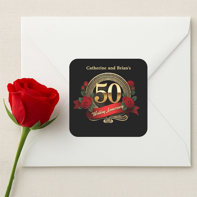 Red Roses Golden 50th Wedding Anniversary Square Sticker (Creator Uploaded)