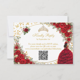  Red Roses Golden Butterflies Quinceañera RSVP Card