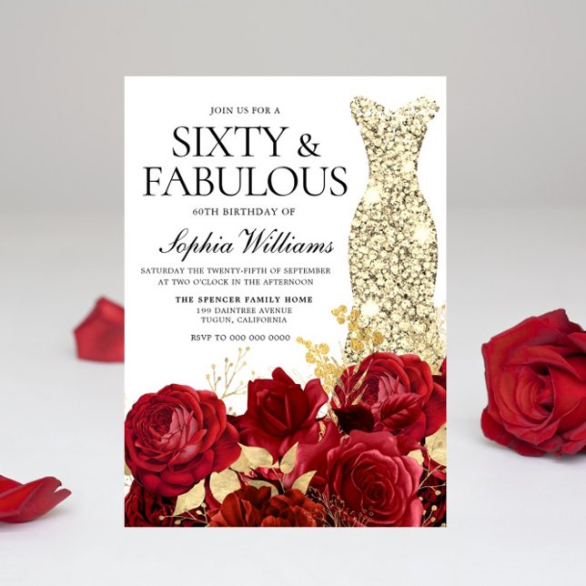 Red Roses Golden Gown Dress 60th Birthday Party Invitation (Creator Uploaded)
