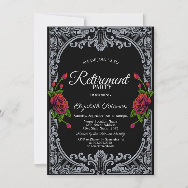 Red Roses Gothic Black Stripes Retirement Party Invitation (Front)