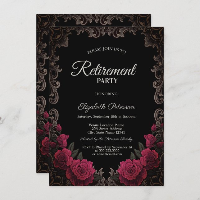 Red Roses Gothic Frame Black Retirement Party Invitation (Front/Back)