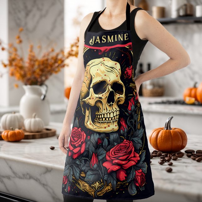 Red Roses Gothic Skull Halloween  Apron (Skull and Roses Apron Make You Halloween Party Ready )