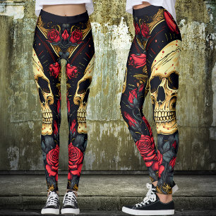 Red Roses Gothic Skull Halloween Yoga  Leggings