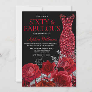 Red Roses & Gown Black 60th Birthday Party  Invitation